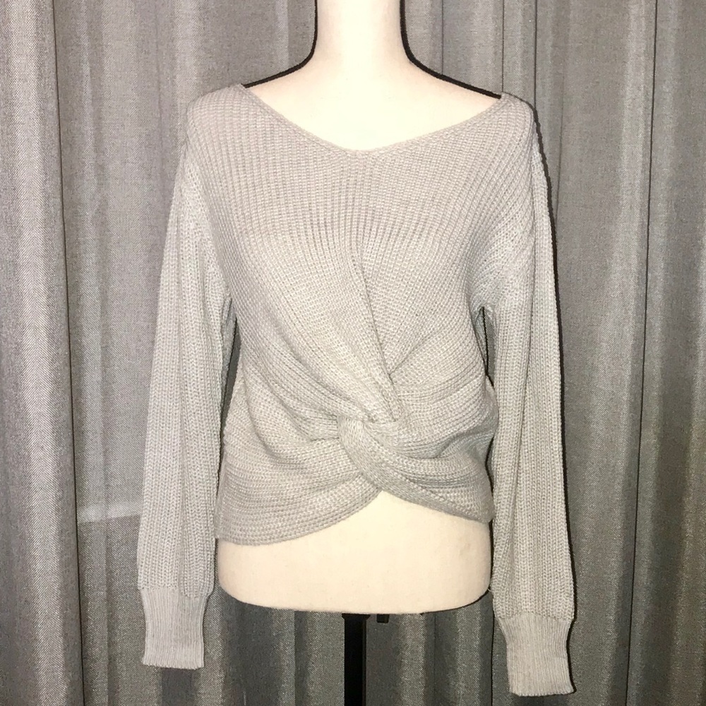 CAMMIE Twist Front V Neck Sweater In Gray